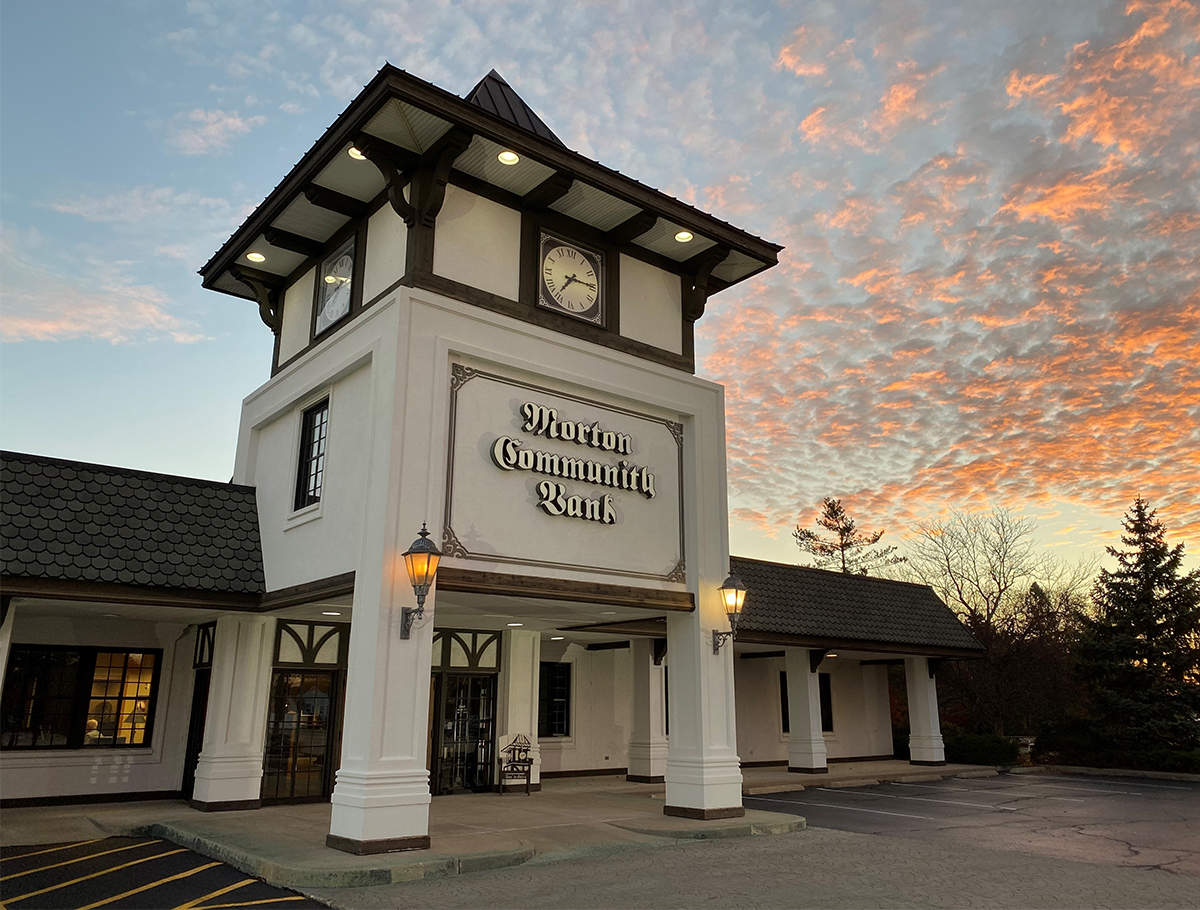 Clock Tower at Morton Community Bank entrance